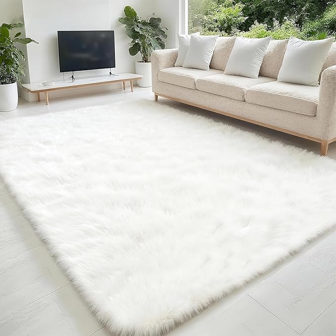 5x7 Solid Fluffy White Area Rug – Washable, Durable,Large Living Room Rug, Non-Slip High Pile Shag Rugs for Bedroom, Bedside, Dorms, Nursery Rooms, Kids Room, Soft Indoor Floor Carpet Decor