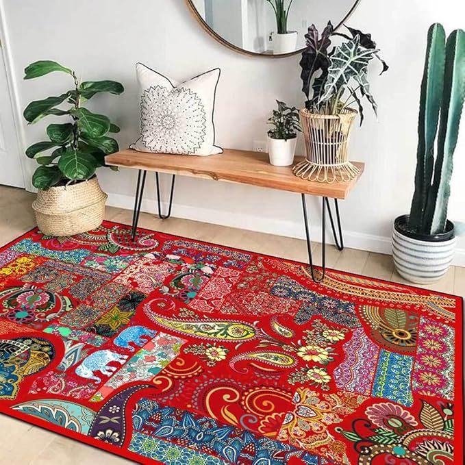 Vintage Boho Area Rugs Multicolor Ethnic Style Geometric Splicing Carpets Bedroom Living Room Kitchen Floor Mats Indoor Outdoor Non-Shedding Runner Rug Home Décor Carpet 2' X 7'