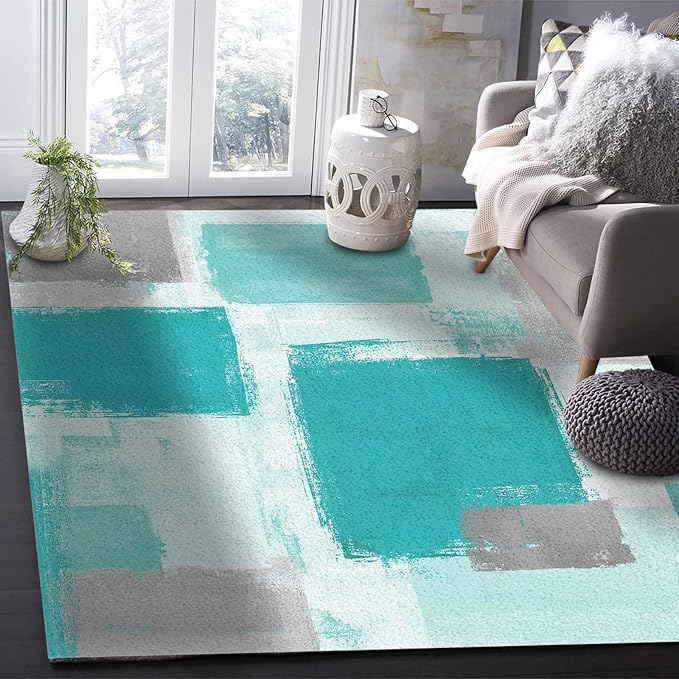 Teal Green Rectangular Area Rugs for Living Room Bedroom 5 x 6.9 ft Abstract Paint Texture Modern Art Non-Shedding Soft Low Pile Rug Non Slip Washable Rug for Nursery Entryway Playroom