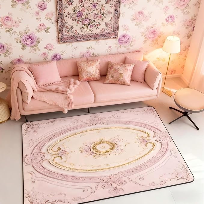 Light Pink Large Area Rug 5x7 Antique Decor Boho Floral Living Room Rug | Bohemian Flowers Rugs for Bedroom, Minimalist Damask Victorian Carpet Indoor Floor Mat