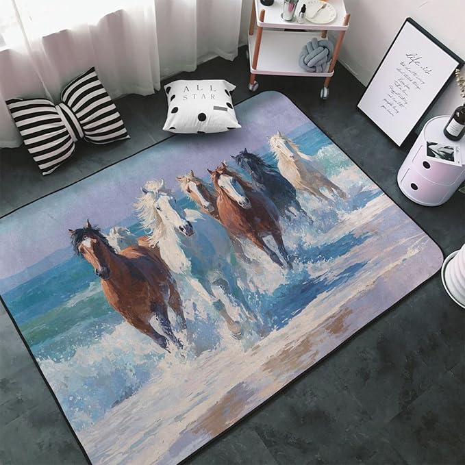 Horse Run Gallop in Waves Ocean Area Rug Washable Outdoor Rugs Anti-Slip Soft Carpet Entryway Indoor Door Mat for Bedroom,Living Room,Porch,Terrace and Entrance Decor 6'x 4'