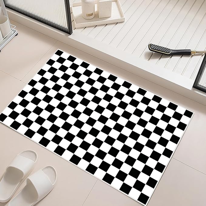 Checkered Rug 2x3 Black and White Rug Modern Entryway Indoor Small Carpet Washable Checkered Bathroom Mat Low-Pile Non-Slip Floor Carpet for Bedroom Kitchen Entryway (Black and White, 2x3ft)