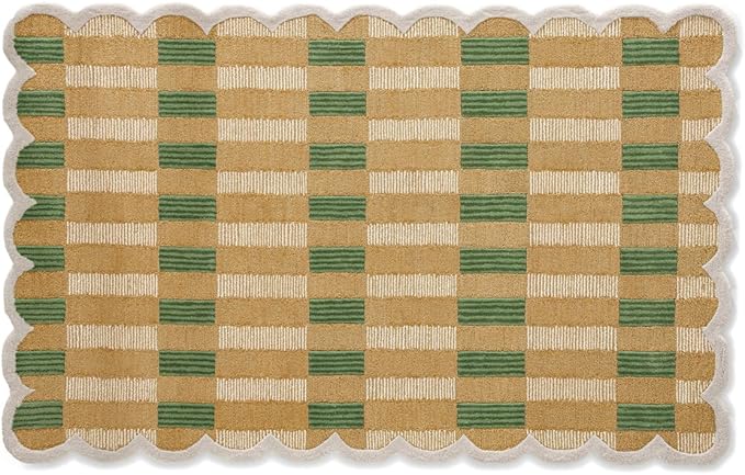 Hand-Tufted Wool Area Rug with Scalloped Edges, Beige and Green Plaid Pattern, Cozy and Soft Accent Rug for Living Room, Bedroom, and Nursery, Handmade Decorative Rug, 5x8 Ft