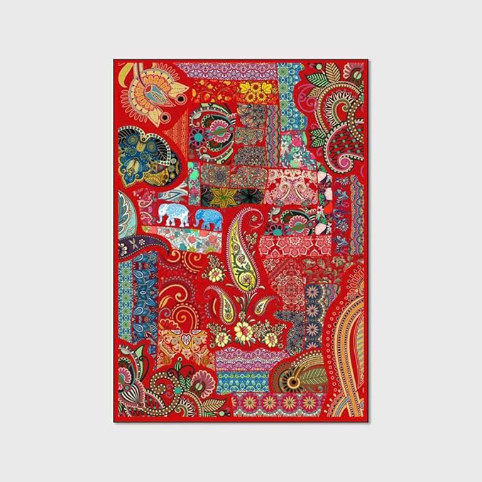 Vintage Boho Area Rugs Multicolor Ethnic Style Geometric Splicing Carpets Bedroom Living Room Kitchen Floor Mats Indoor Outdoor Non-Shedding Runner Rug Home Décor Carpet 5' X 5'