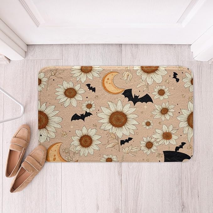 Erosebridal Groovy Daisy Bathroom Mat for Girls Women Retro Flower Floral Microfiber Bath Rug Moon and Stars 3D Entryway Door Mat 16x24 Psychedelic Outer Space Planets Bath Mat Halloween Bats Bath Rug