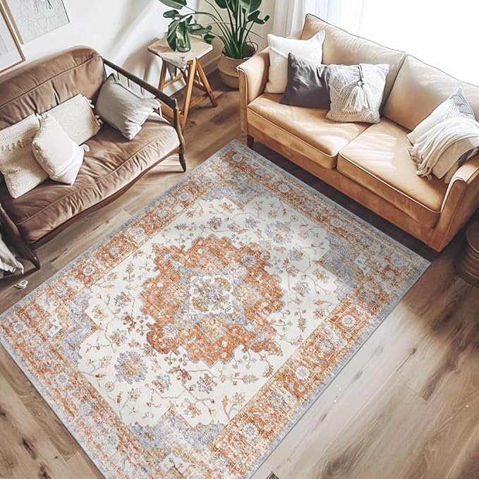 JINCHAN Area Rug 3x5 Vintage Washable Entryway Rug Floral Medallion Floor Cover Lightweight Non Slip Thin Retro Classic Soft Boho Farmhouse Carpet for Living Room Bedroom Dining Room Kitchen Brick Red