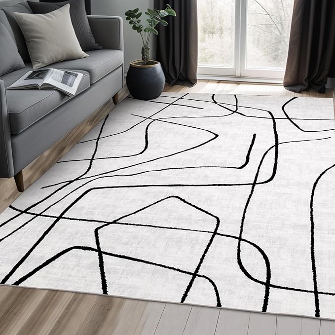 YIHOUSE Abstract 6'x9' Black and White Rug- Washable Area Rug for Living Room Bedroom, Large Modern Non-Slip Ultra-Thin Rug Home Decor,Abstract,6x9ft