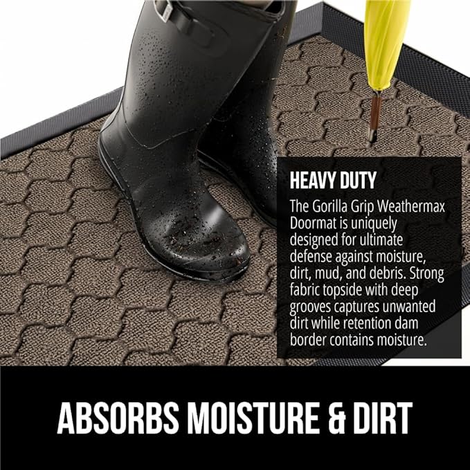 GORILLA GRIP 100% Waterproof All-Season WeatherMax Doormat 35x23, US Designed Natural Rubber, Stain and Fade Resistant, Low Profile Indoor Outdoor Door Mats, Easy Clean Patio Mat, Beige Quatre