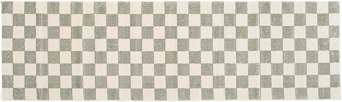 Revival Rugs Gambit 2'7"x9' Checkered Rug Machine Washable Runner Rug for Hallway Entryway - 100% Recycled Oeko-TEX Certified, Medium Pile, Green, Beige