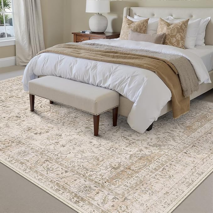 12x15 Beige Area Rug Vintage Living Room Bedroom Washable Carpet Non-Slip Soft Low Pile Distressed Indoor Large Throw Rug for Dining Room Office