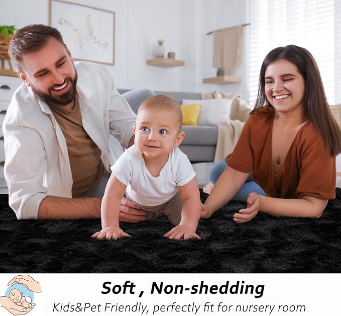 Beglad Shag Rugs for Living Room, Black Area Rugs 5x7 Feet Upgrade Anti-Skid Modern Minimalist Style Memory Foam Rugs for Bedroom, Indoor Carpet Suitable for Boys Teens Room Decor