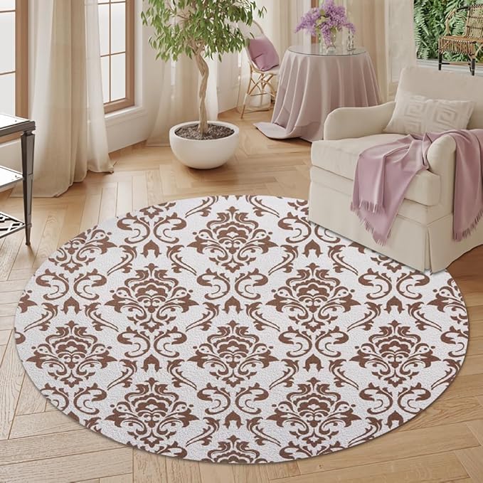 Oriental Tribal Floral Round Rug Vintage Brown Pattern Area Rug Washable Soft Non-Slip Floor Carpet Low Pile Accent Rugs for Entryway Living Room Dining Room Bedroom Home Office 4ft