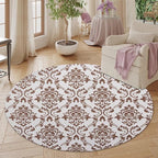 Oriental Tribal Floral Round Rug Vintage Brown Pattern Area Rug Washable Soft Non-Slip Floor Carpet Low Pile Accent Rugs for Entryway Living Room Dining Room Bedroom Home Office 3ft
