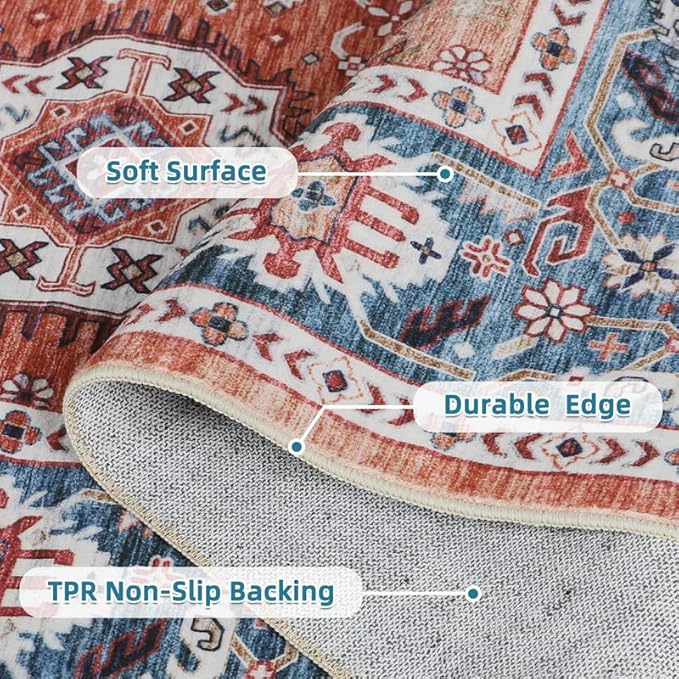 Dripex Washable Area Rug 6x9 Rug Stain & Water Resistant Foldable Thin Vintage Rugs Faux Wool Floor Carpet for Living Room Bedroom Dining Room Kitchen Bathroom Farmhouse Office