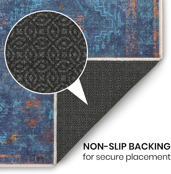 GLN Rugs Contemporary Collection - Machine Washable Area Rug, Contemporary Washable, Non Slip, Low Pile Chenille Rug, Living Room, Bedroom, Kitchen Rug (5'3" Round Midnight/Multi)