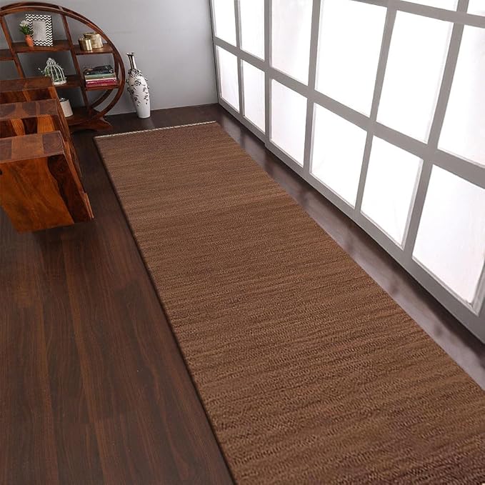 Rugsotic Carpets Hand Woven Flat Weave Kilim Wool 2'6''x6' Runner Area Rug Solid Light Brown D00111