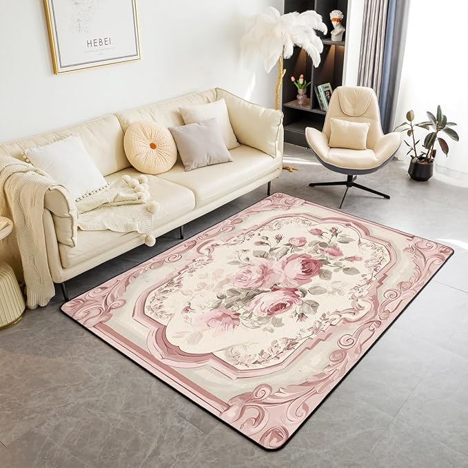 French Country Floral 5x7 Area Rug Pink Rose Living Room Rug | Romantic Flowers Rugs for Bedroom, Rustic Carpet Indoor Floor Mat