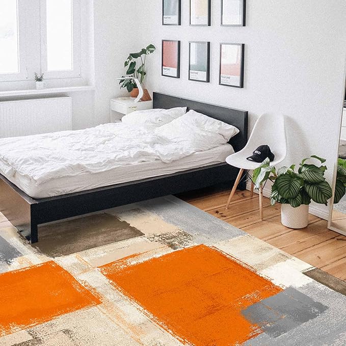 Orange Rectangular Area Rugs for Living Room Bedroom 2.8 x 5 ft Abstract Paint Texture Modern Art Non-Shedding Soft Low Pile Rug Non Slip Washable Rug for Nursery Entryway Playroom