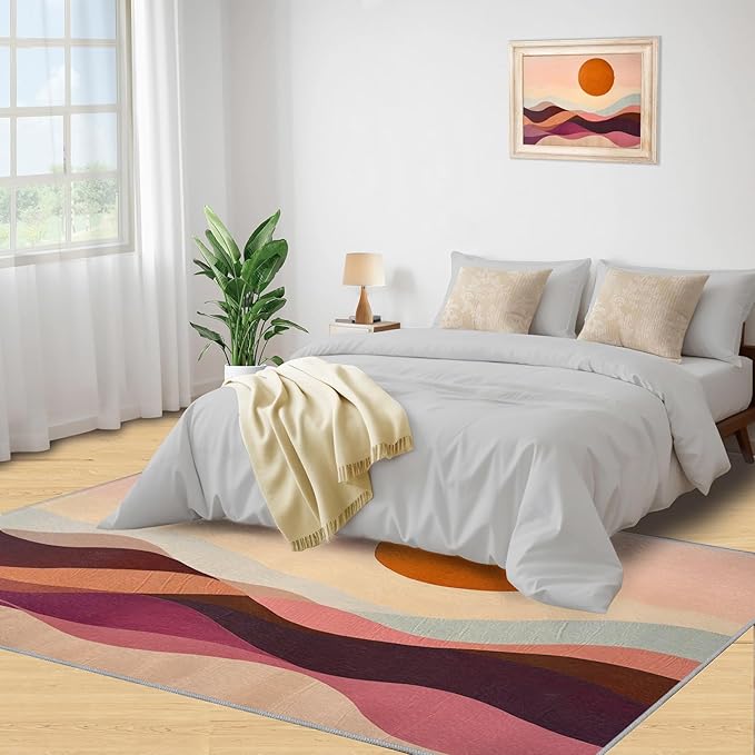 Boho Sun Area Rugs 3x5ft, Minimalist Line Boys Rugs for Bedroom, Geometric Solar Kids Room Rug Soft Fuzzy Washable for Living Room Game Room Coffee Table