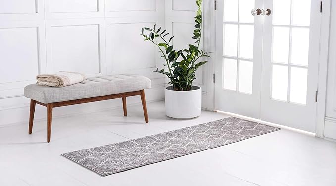 Unique Loom Trellis Frieze Collection Area Rug - Geometric (2' x 13' 1" Runner, Light Gray/ Ivory)