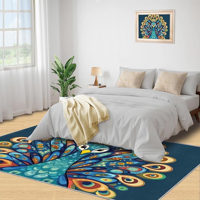 Boho Peacock Rugs for Living Room - 4x6 Rug, Peacock Decor Area Rugs for Bedroom, Teal Turquoise Rug, Modern Style Washable Carpet, Aesthetics Carpet - Peafowl Home Decor & Gifts