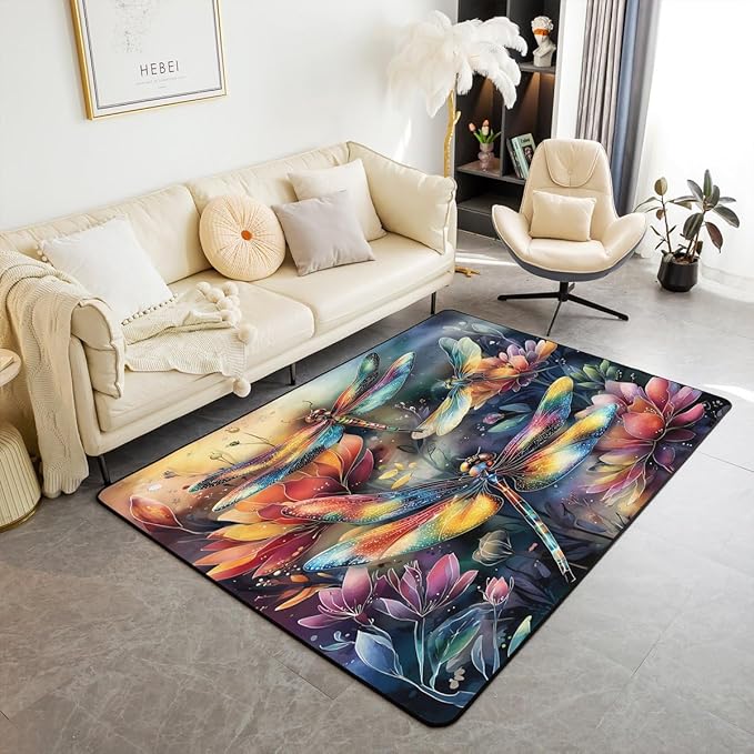 Dragonfly 5x7 Area Rug Colorful Flowers Living Room Rug | Watercolor Beetles Rugs for Bedroom, Dreamy Rustic Aesthetic Animal Carpet Indoor Floor Mat