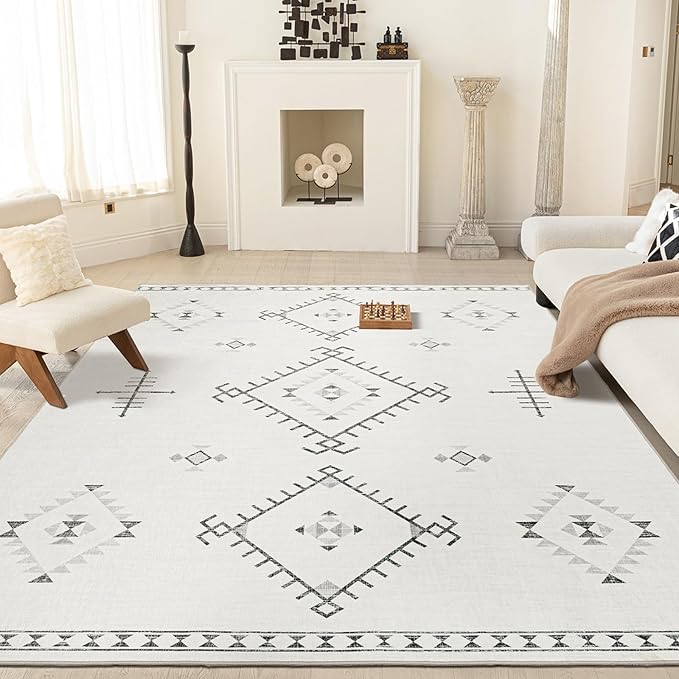 ILANGO Area Rug 9'x12' for Living Room Bedroom Washable Moroccan Boho Rugs for High Traffic Area Non Slip & Non-Shedding Rugs Fade Resistant Carpet for Kitchen Office (White)
