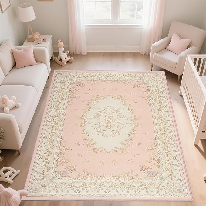 Nursery Rug for Baby Girl, Cute Pink 4x6 Area Rugs for Bedroom Non Slip, Floral Washable Soft Faux Wool Carpet for Living Room Dorm Kids Playroom Office Kids Playroom