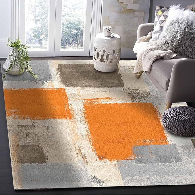 Orange Rectangular Area Rugs for Living Room Bedroom 2.8 x 5 ft Abstract Paint Texture Modern Art Non-Shedding Soft Low Pile Rug Non Slip Washable Rug for Nursery Entryway Playroom