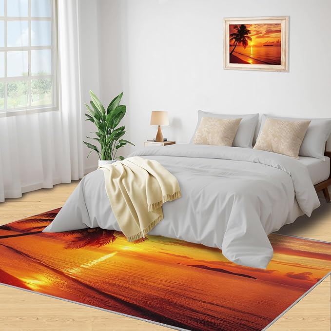 Coastal Rugs for Bedroom - 6x8 Area Rug - Ocean Beach Rugs for Living Room, Sunset Palm Trees Rug, Non-Slip Washable Home Decor Carpet