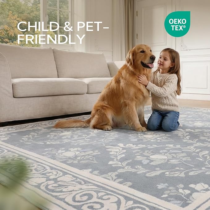 SOULFUL Medium Pile 8x10 Rugs for Living Room - Soft Underfoot Large Area Rug - Greige Boho Floral - Washable Non-Slip - Perfect for Bedroom Kids Room Under Dining Table Office