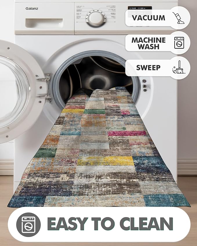 LUMI Washable Runner Rug, 3'x8' Non-Slip Hallway Mat, Low Profile Thin Long Carpeet for Laundry Kitchen Bedroom Office, Multicolor