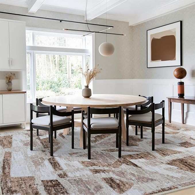 Modern Abstract 5X7 Area Rug for Living Room Bedroom Washable, with Non-Slip Rubber Backing Print Faux Wool Thin, Brown Throw Large Carpet for Kids Playroom Dining Room Pet & Child Friendly