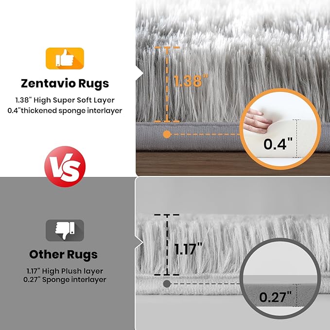 Zentavio Grey and White Area Rugs for Living Room Large Men Room Carpet 8x10 Bedroom Fluffy Furry Shag Aesthetic Plush High Pile Floor Rug for Kids Room Dorm Home Decor Tie-Dyed