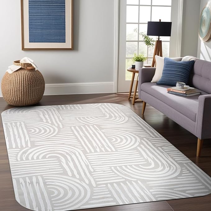 Beverly Rug Modern Geometric Area Rug 5x7 Low-High Pile Durable Soft Abstract Curved Indoor Rugs for Living Dining Room Office Stain Resistant Non Shedding Casual Indoor Carpet Beige White 5 x 7