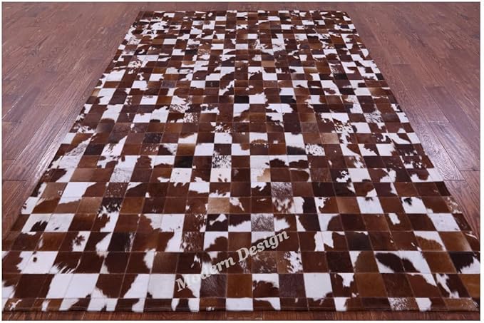 Modern Design Premium Cowhide Leather Carpet with Chevron Pattern, Area Rug (Brwon/White, 6x9)