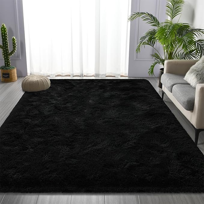 Large Shag Area Rugs 5 x 8, Plush Fuzzy Rugs for Living Room, Ultra Soft Fluffy Furry Rug for Bedroom, Indoor Carpet Nursery Rugs for Kids Room Home Decor, Black
