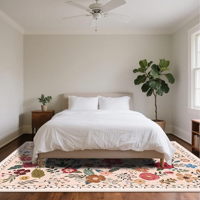 9x12 Area Rugs for Living Room Clearance Washable Boho Area Rug, Vintage Floral Non Slip Low Pile Large Rug for Living Room, Bedroom, Dining Room, Farmhouse (9 x 12 Beige Red)