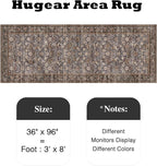 HUGEAR 3x8 Runner Rug Machine Washable Tradition Brown Hallway Area Rug Indoor Accent Rugs Floral Low Pile Carpet Soft Throw Rugs Bedroom Living Room Office Dining Kitchen Laundry Non Slip