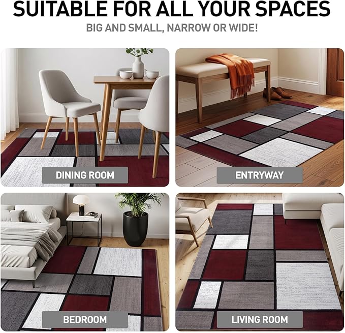 Rugshop Modern Geometric Boxes Red Area Rug, Non-Shedding Carpet for Living Room, Large Bedroom, or Open Spaces, 9' x 12'