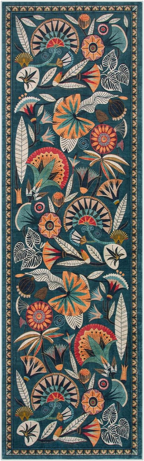 Boho Washable Green Bathroom Kitchen Runner Rug, 2x8 Egypt Hallway Entryway Rug Runner, Non Slip Botanical Floral Vintage Carpet for Entry Living Laundry Room (Dark Green, 2 x 8)
