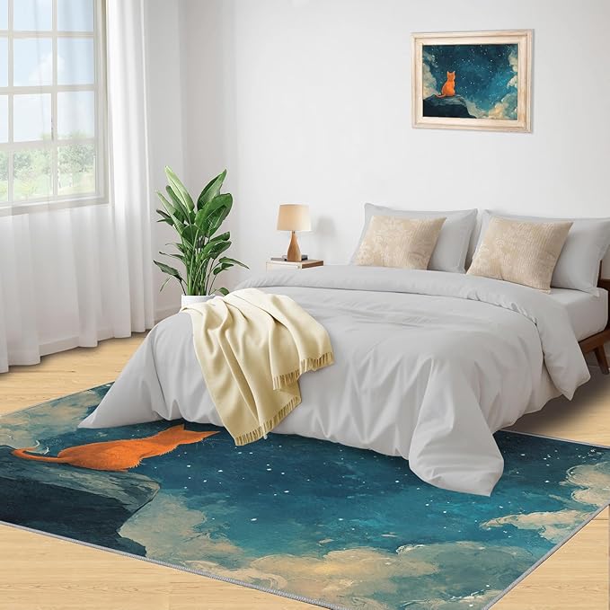 Orange Cat Rugs for Bedroom - 6x9 Area Rug - Cartoon Starry Sky Rugs for Living Room, 3D Cute Cat Rug, Non-Slip Washable Home Decor Carpet