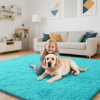 Teal Blue Rug Fluffy Rugs, 3x5 Teal Area Rugs for Bedroom, Soft Cute Baby Play Mat, Indoor Floor Carpet for Teen, Nursery, Preppy Dorm, Plush Aesthetic Bedside Rug