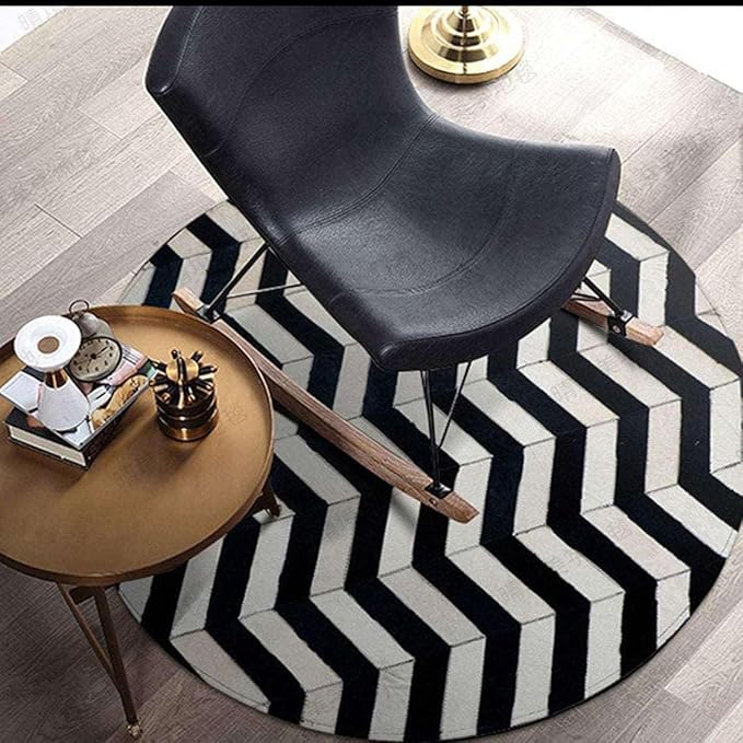 Round Cowhide Rug Black and White – Handmade Genuine Leather Chevron Patchwork Carpet – Modern Luxury Hide Area Rug for Living Room Bedroom Office Rustic Farmhouse Home Décor, (5×5ft)