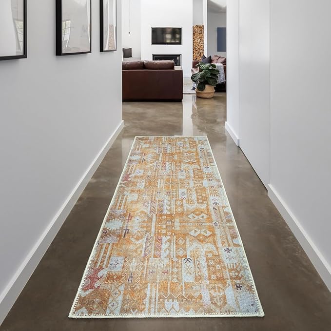 GLN Rugs Traditional Collection - Machine Washable Area Rug, Traditional Washable, Non Slip, Low Pile Chenille Rug, Living Room, Bedroom, Kitchen Rug (2'6" x 7' Sand/Light Gray)