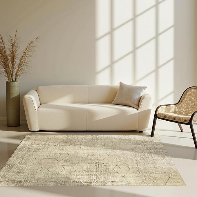jinchan Moroccan 4x6 Area Rugs for Bedroom - Machine Washable Soft Modern Geometric Stain Resistant Non-Slip Ultra-Thin Low-Pile Faux Wool Carpet for Living Room Kitchen Dining Room (4x6ft, Taupe)