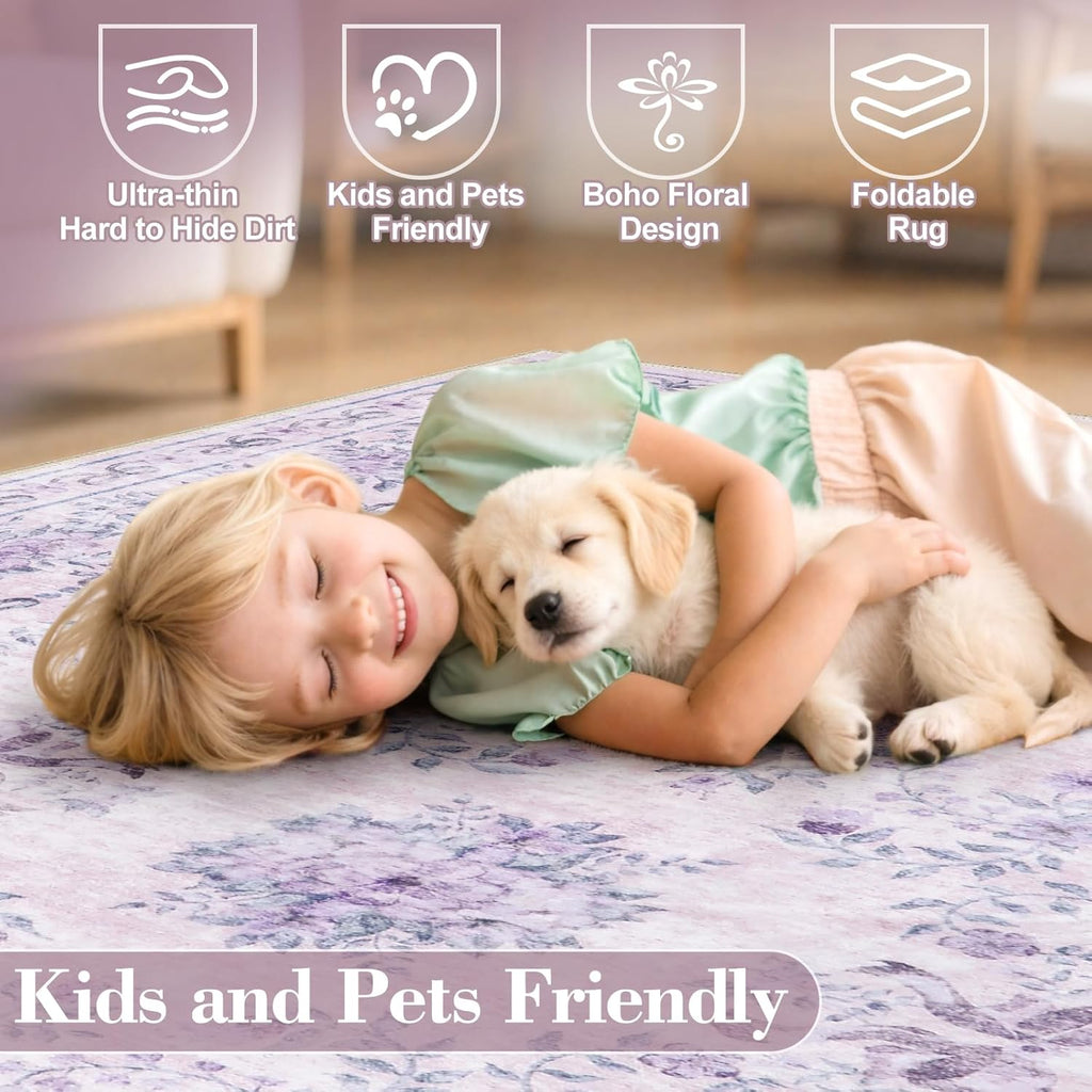 Wonnitar Floral Print 8x10 Washable Rug, Purple Bow Room Decor for Girls Bedroom, Ultra-Thin Non Slip Soft 8 x 10 Large Boho Carpet for Living Room Baby Nursery Kids Playroom