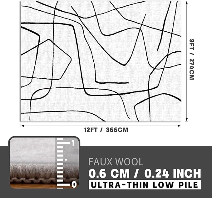 YIHOUSE Modern Washable Area Rug for Living Room Bedroom - Large Abstract Black and White Rug Non-Slip Ultra-Thin Home Decor (Abstract, 9'x12')