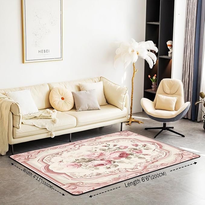 French Country Floral 5x7 Area Rug Pink Rose Living Room Rug | Romantic Flowers Rugs for Bedroom, Rustic Carpet Indoor Floor Mat