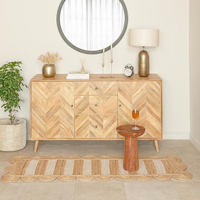 HOMEMONDE Scalloped 2'x6' Jute Runner Rug - Natural Braided Fiber - Handmade Boho Farmhouse Style Décor - Rustic Vintage Sustainable Area Rug for Entryway, Hallway, Kitchen, Bedroom, Living Room